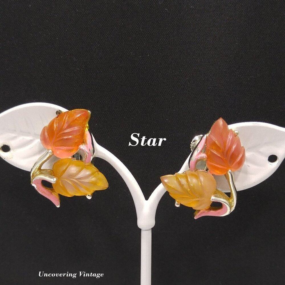 Vintage 1950s STAR Lucite Leaf Earrings Pink Enamel Screw Back Jewelry